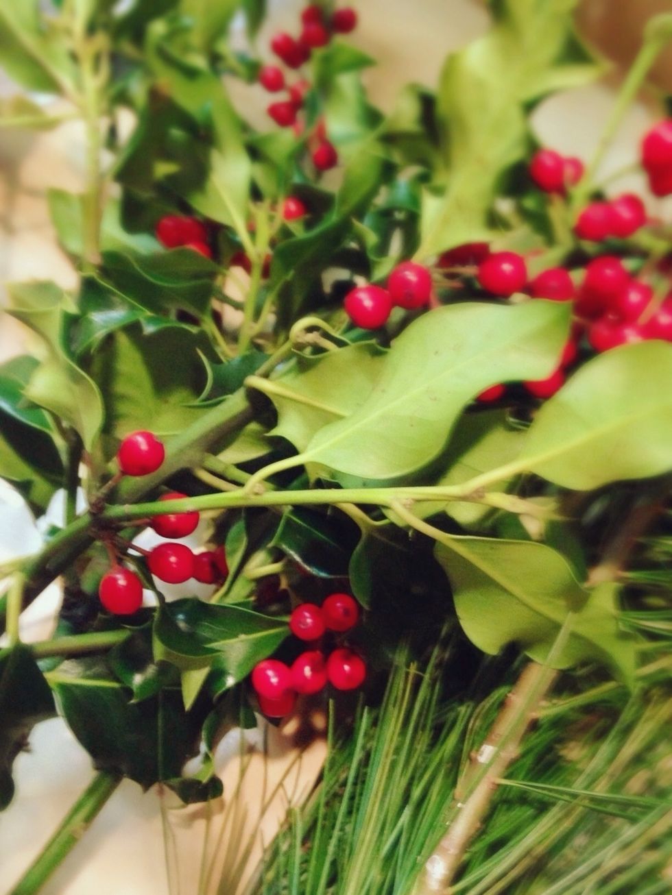 Your yard contains many of the "fillers" that can be used in this arrangement. Cut a handful of winter berries, holly, and evergreen. If your yard does not have these items, check with a friend!