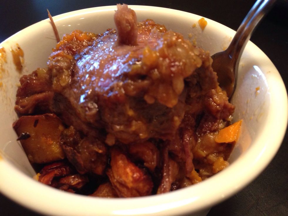 YUMMMM!!!!!  Braised beef served over caramelized sweet potatoes and apples with allspice and red chile flakes