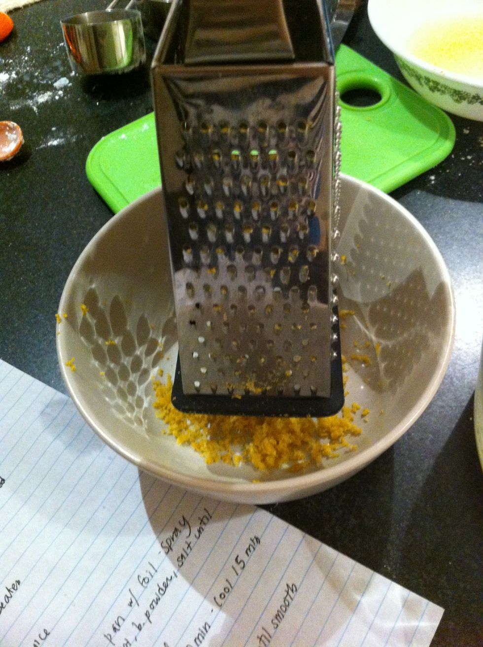 Zest three lemons. When you zest, try to remove only the yellow. You don't want the white part- that stuff's real bitter. The recipe called for more but we only had 1/2 tbsp. It was all good though.